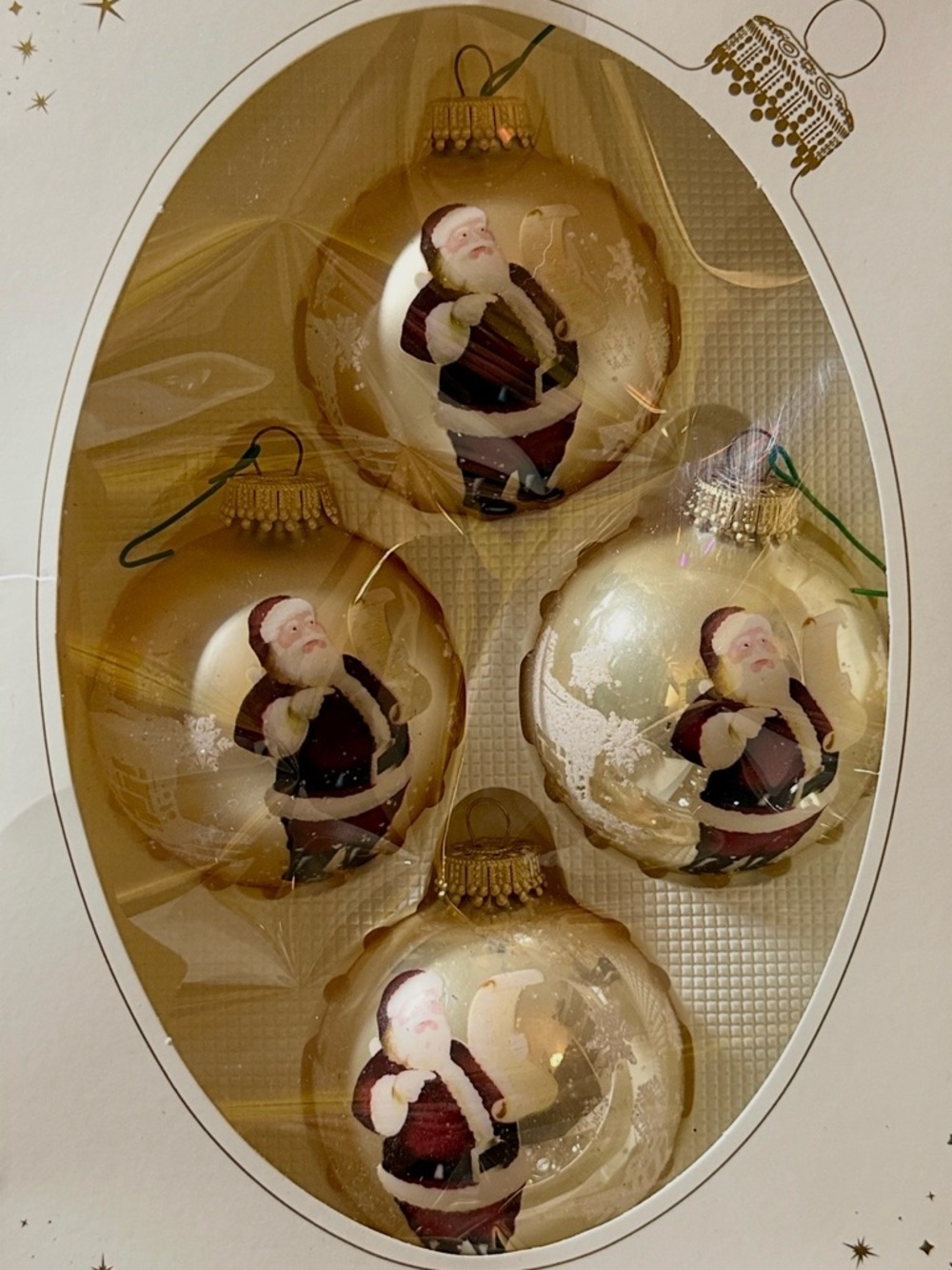 American Classic Santa Glass Ornaments Set of 4 Double-Sided Gold Boxed